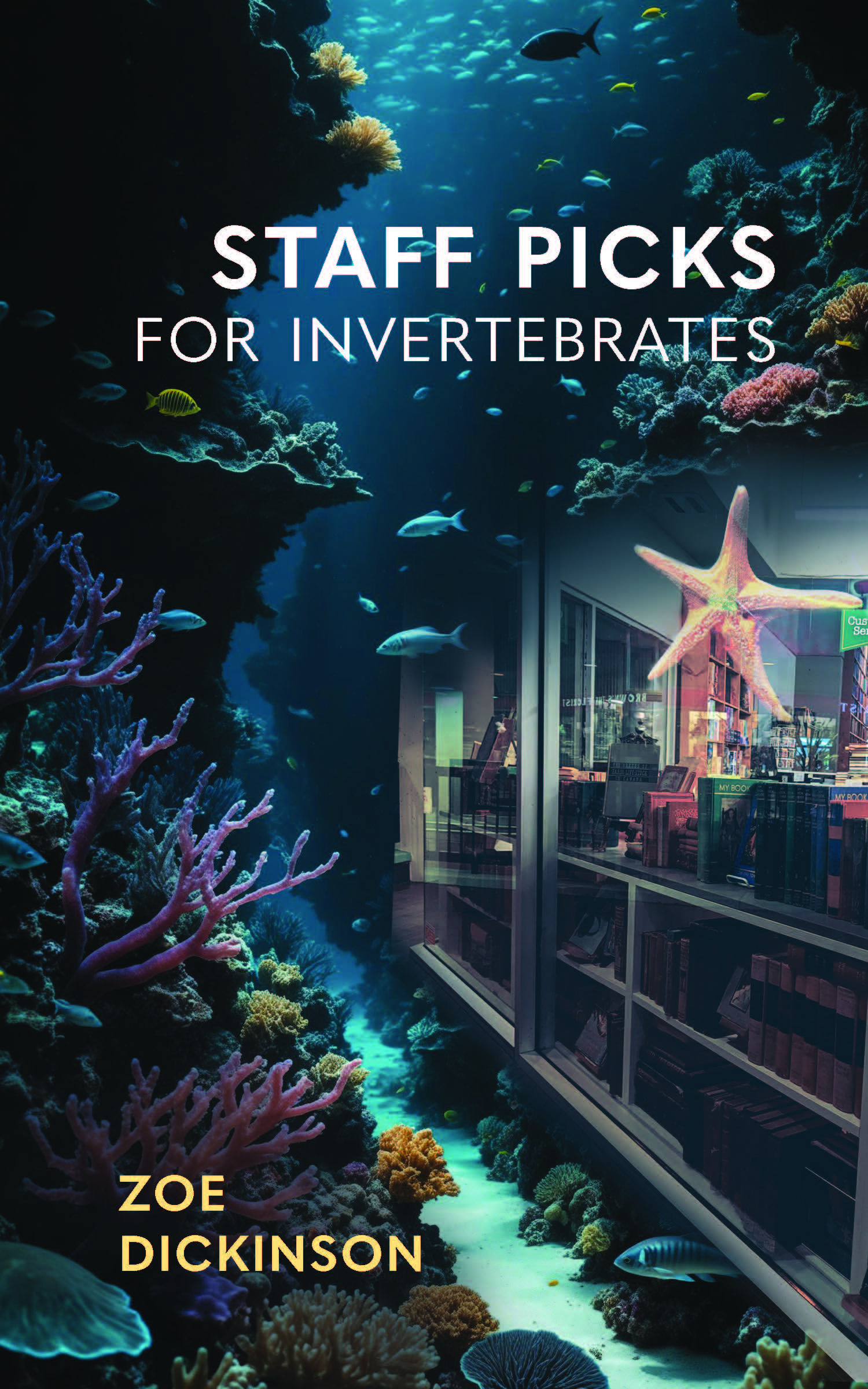 Staff Picks for Invertebrates cover: an underwater scene that blends into the front windows of a bookstore, as though the store is at the bottom of the sea. A starfish  is stuck to the inside of the bookstore's window.
