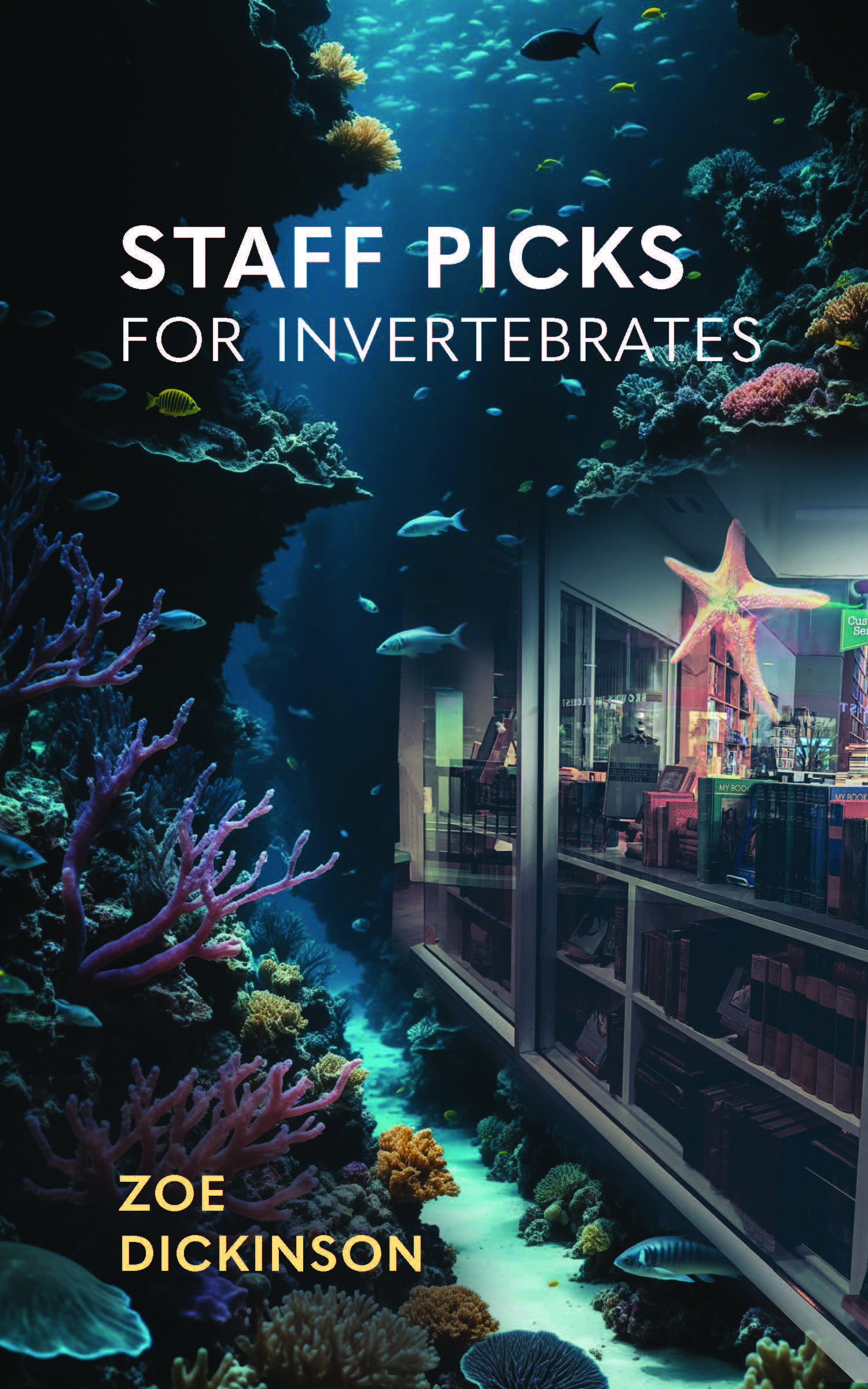 Staff Picks for Invertebrates cover: an underwater scene that blends into the front windows of a bookstore, as though the store is at the bottom of the sea. A starfish  is stuck to the inside of the bookstore's window.